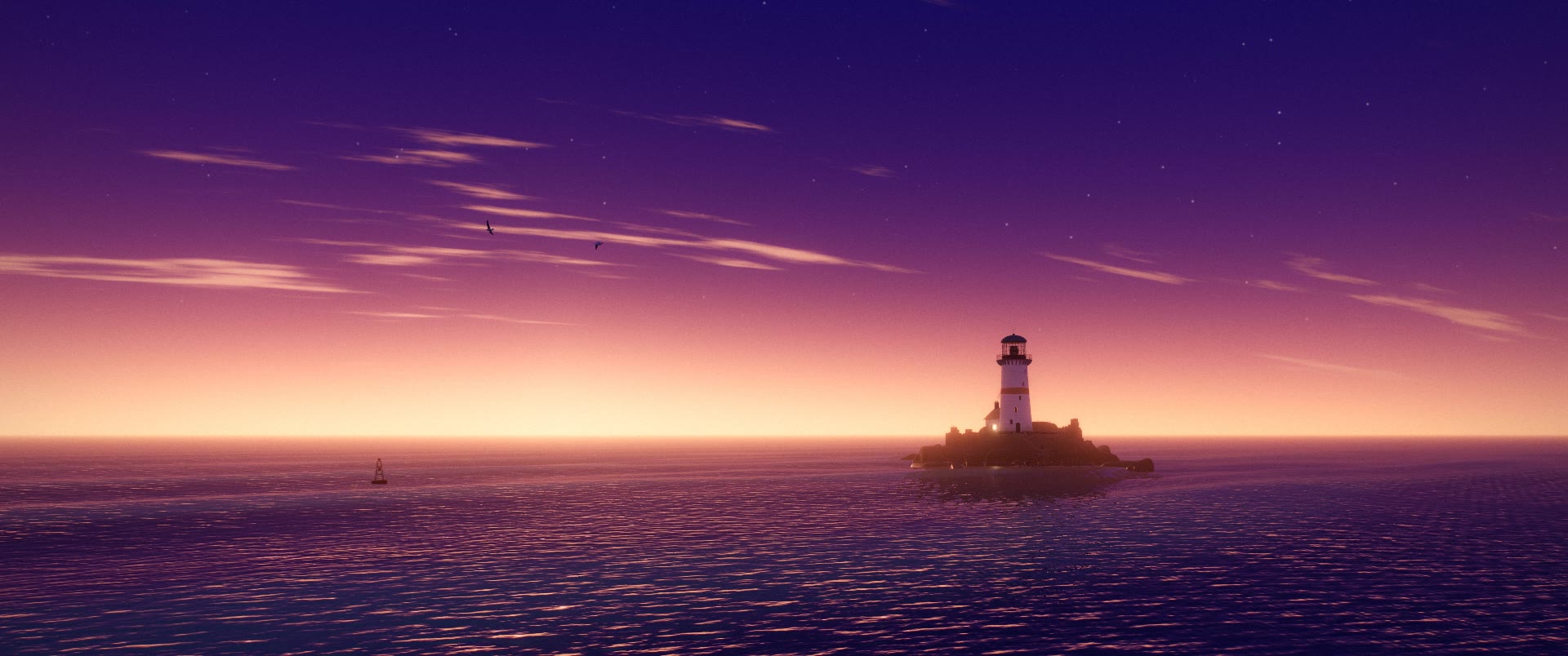 Farwatch Rock lighthouse on its islet at dusk, the sea violet and gold